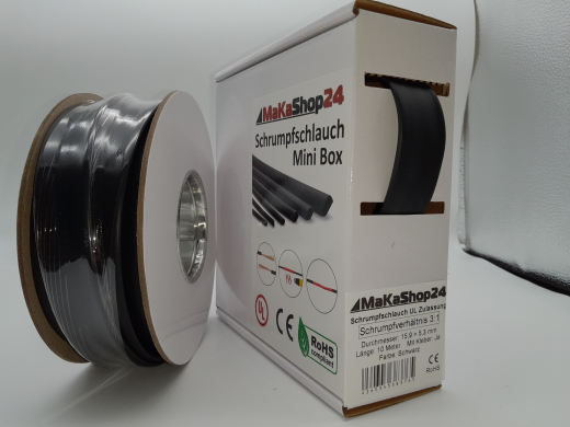 Spenderbox  15,9 > 5,3 mm    Lnge: 10 Meter - Mini Box Schrumpfschlauch schwarz 3:1 mit Kleber