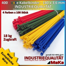 4 x 100 Stck Kabelbinder - 140 x 3,6 mm INDUSTRIEQUALITT blau, rot, gelb, grn