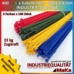 4 x 100 Stck Kabelbinder - 200 x 4,8 mm INDUSTRIEQUALITT rot, blau, gelb, grn
