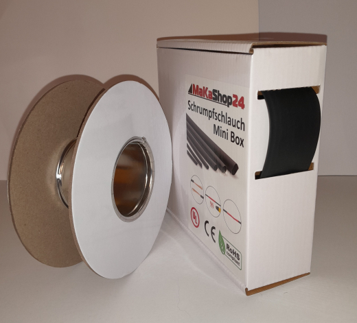 Spenderbox  25,4 > 12,7 mm    Lnge: 10 Meter - Mini Box Schrumpfschlauch schwarz 2:1 ohne Kleber