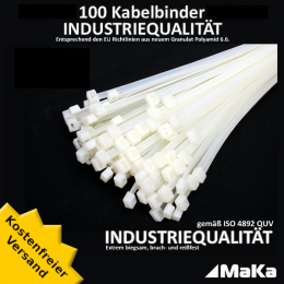 100 Stck = 1 VPE  -  Kabelbinder - 360 x 7,6 mm INDUSTRIEQUALITT wei / natur