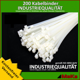 200 Stck = 2 VPE  -  Kabelbinder - 360 x 4,8 mm INDUSTRIEQUALITT wei / natur