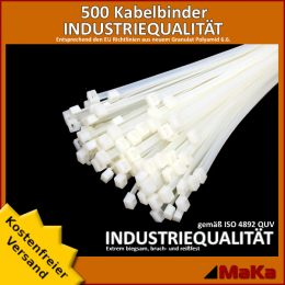 500 Stck = 5 VPE  -  Kabelbinder - 200 x 4,8 mm INDUSTRIEQUALITT wei / natur