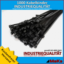 1000 Stück = 10 VPE - Kabelbinder - 290 x 4,8 mm INDUSTRIEQUALITÄT schwarz