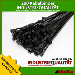200 Stück = 2 VPE - Kabelbinder - 290 x 4,8 mm INDUSTRIEQUALITÄT schwarz