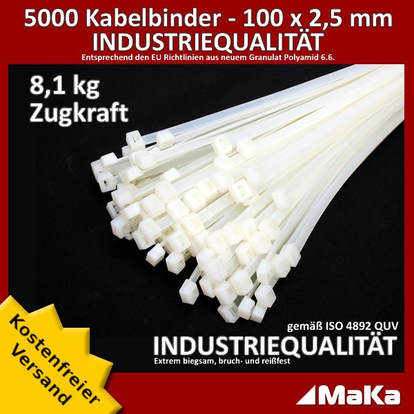 Industriequalität 100 Stck  Kabelbinder weiß  200 x 2,5 europäische Ware 