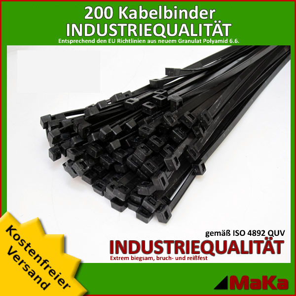 Kabelbinder schwarz 200x4,8 mm 200 x 4,8 mm Verpackung 100St Industriequalität