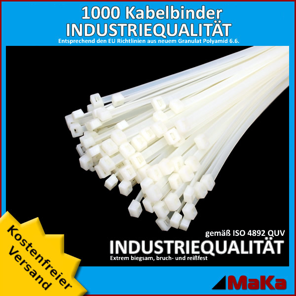 1000 Stück = 10 VPE - Kabelbinder - 250 x 4,8 mm INDUSTRIEQUALITÄT weiß /  natur