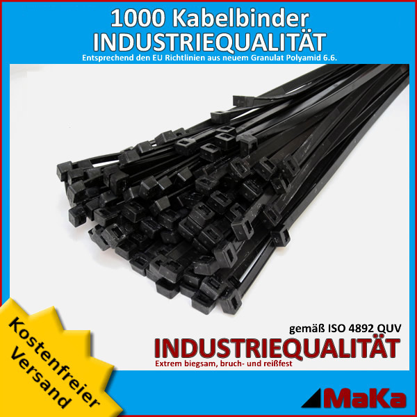 1000 St Kabelbinder schwarz 3,6 x 200 mm Industriequalität Kabelstrapse Strapse 